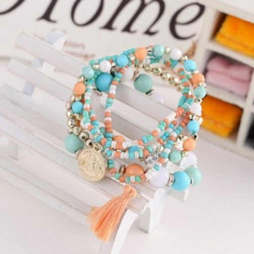 Multilayer Metal Bracelet Colorful Beads Coin Tassel Bracelets For  Women