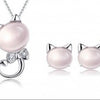 Crystal Pink Cat Earrings and Necklace Set For Children